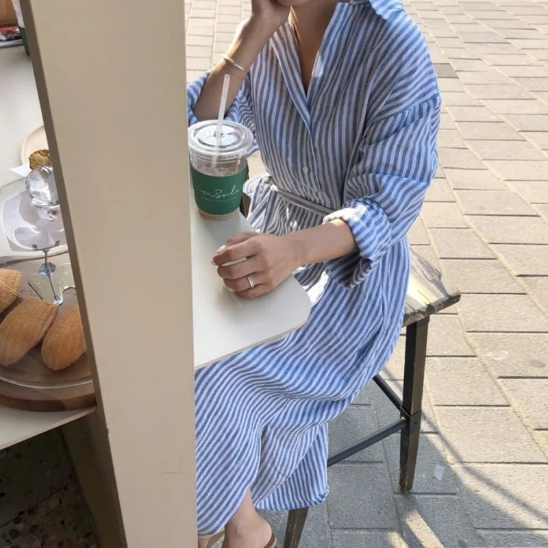 VGH женское платье в полоску с отворотами длинным рукавом и пуговицами Бандажное