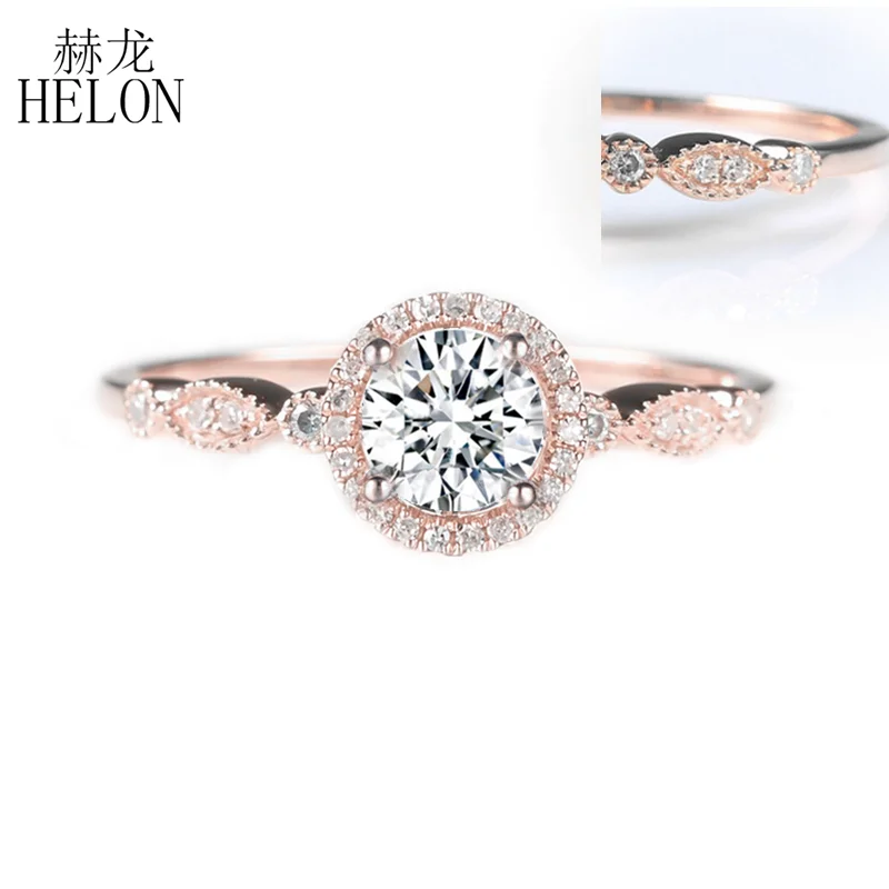

HELON Solid 14K Rose Gold Round 1Ct Color VS Moissanites and Natural Diamond Engagement Wedding Ring Women Vintage Retro Jewelry