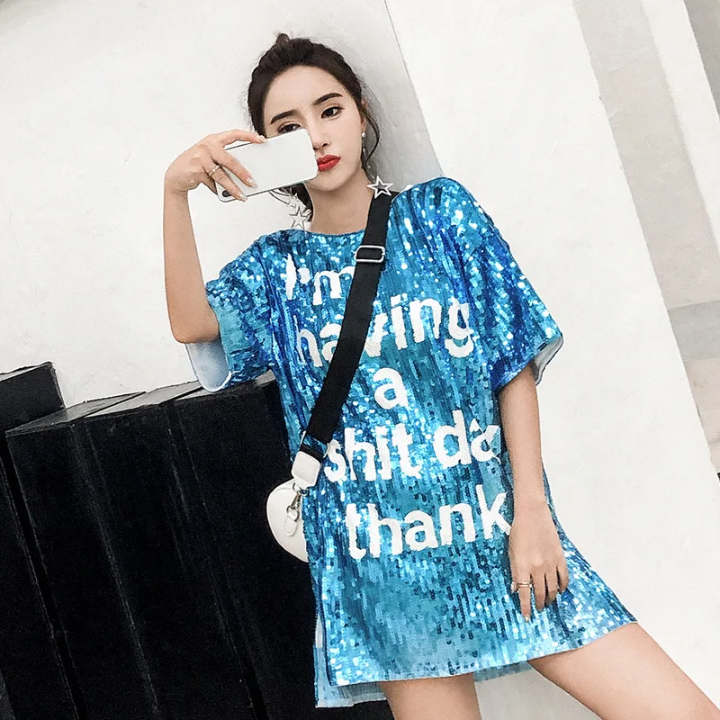 Vefadisa Full Sequin T-Shirt Women Letter Long O-Neck Short Sleeve Split Pullover Mini Dress Streetwear ZLD462 | Женская одежда
