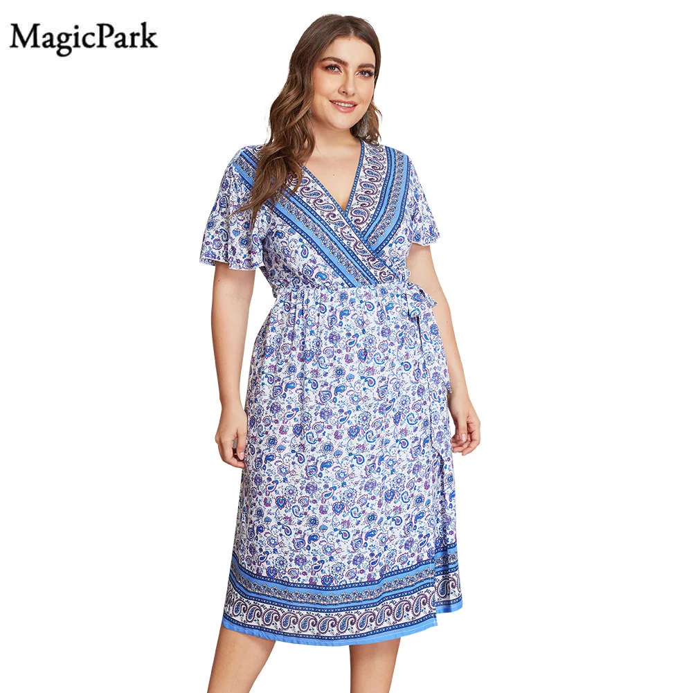 MagicPark XL-4XL Women Dresses Blue V Neck 2019 Short Sleeve Plus Size Original Design Print Floral Womens Clothing | Женская одежда