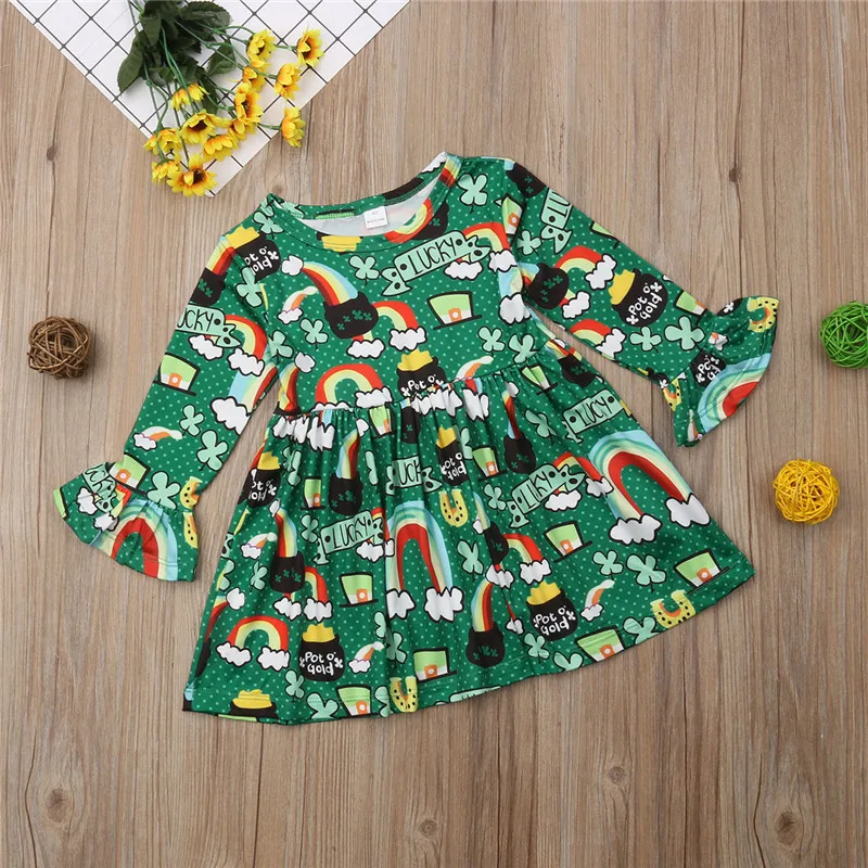 Christmas Princess Baby Girl Dress Flare Long Sleeve Ruched Cartoon Printing Party Clothes Fashion Kids Costume | Детская одежда и