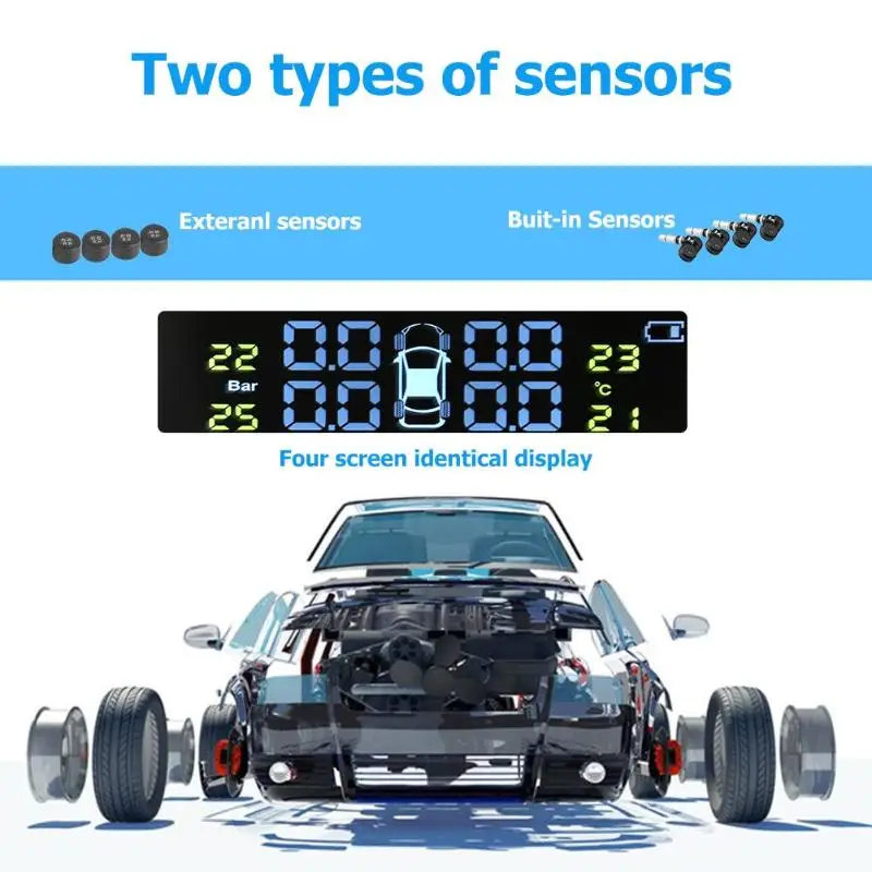 4 датчика умная Автомобильная TPMS система контроля давления в шинах Солнечная