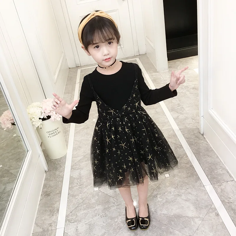

Girls Christmas Dress Spring Autumn Korean Version The Popular Children's New Princess Cute Mesh Long-sleeve Pleated Dress