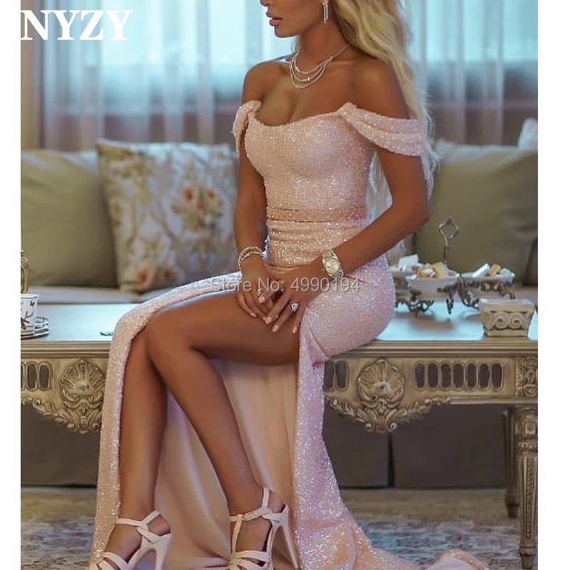 Женское вечернее платье NYZY E67 розовое с высоким вырезом и блестками 2019|Вечерние