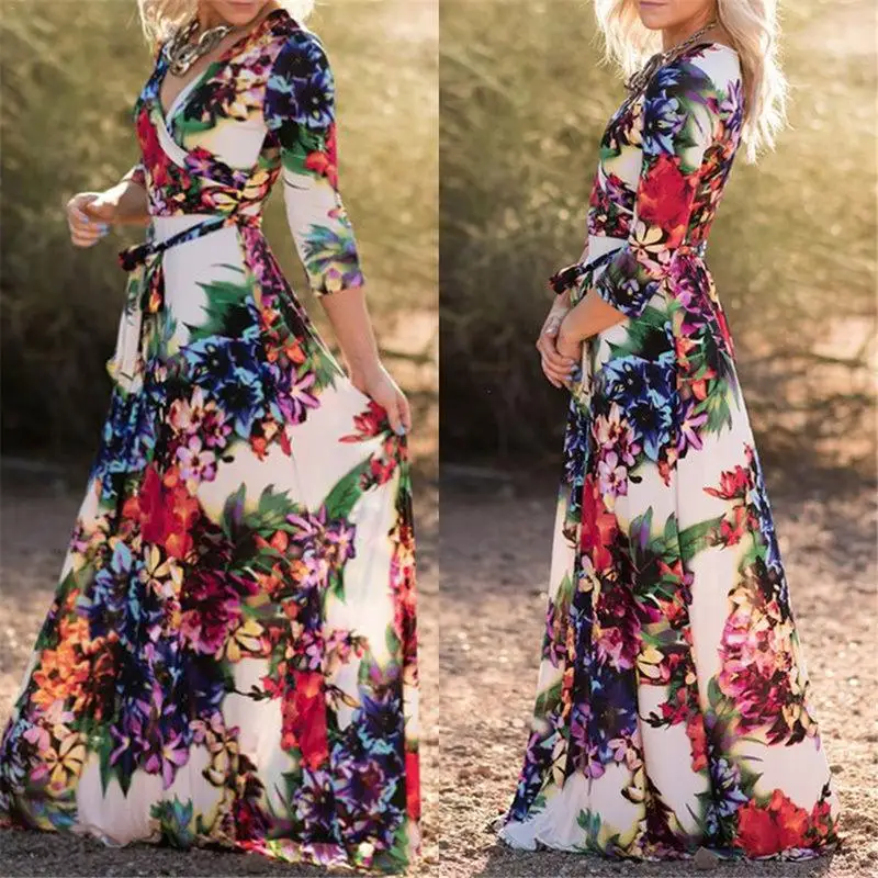 2019 Summer Women Long Floral Print Beach Dress Sexy V-neck Slim Fit Short Sleeve Evening Party Belt | Женская одежда