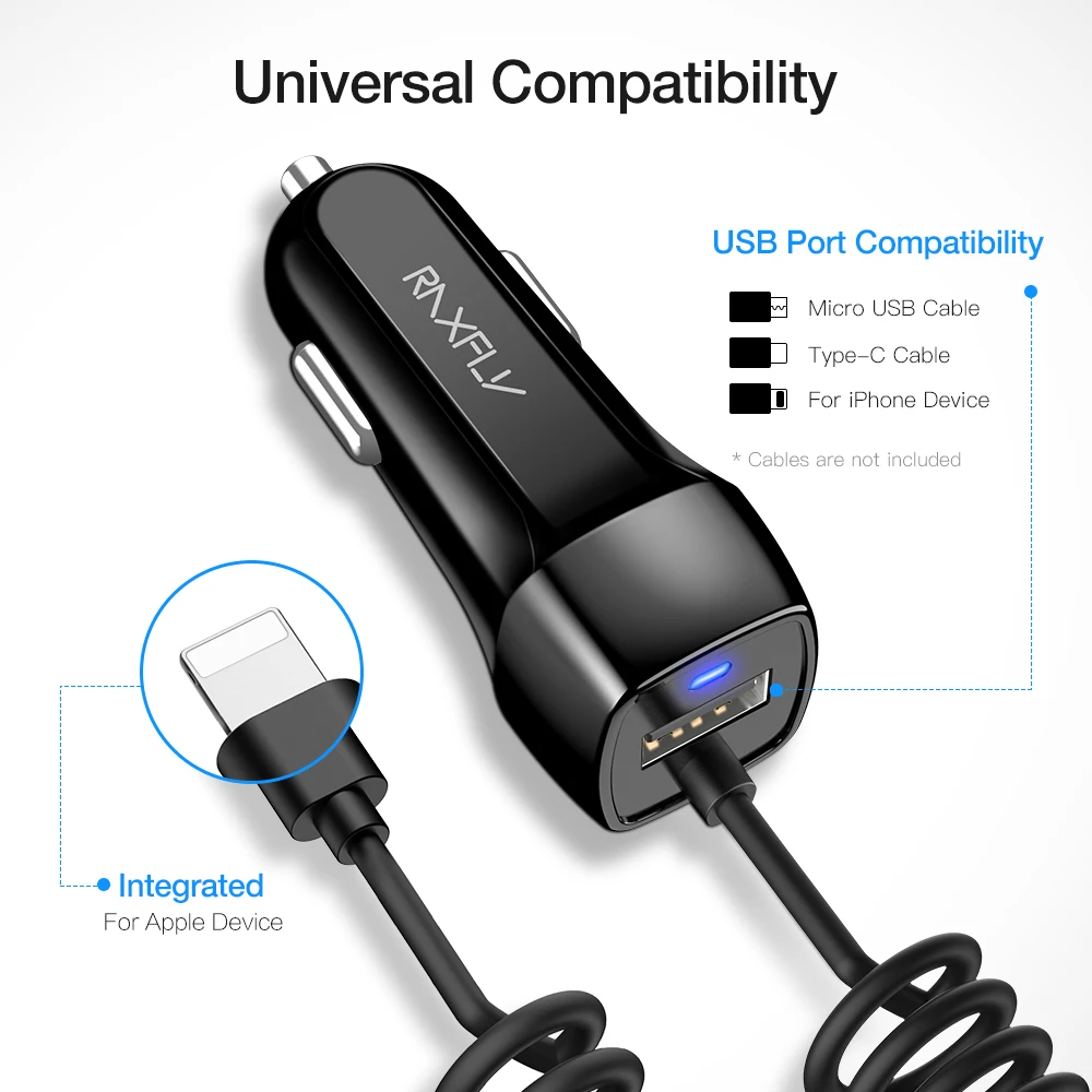 Автомобильное зарядное устройство RAXFLY USB с кабелем Micro Type C быстрая зарядка для