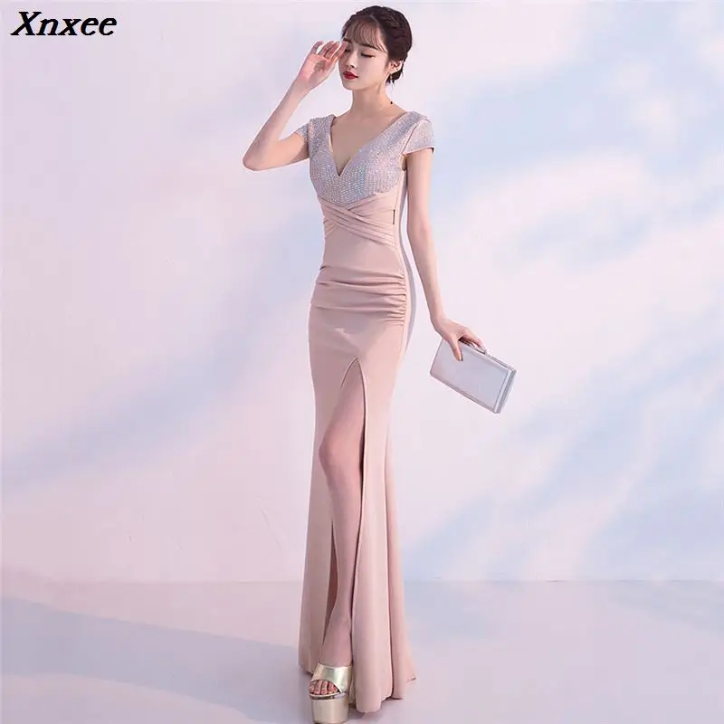 Xnxee Elegant Deep V Sequines Short Sleeve Waist Cross Long Mermaid Sexy Slit Formal Evening Party Dress Plus Size | Женская одежда