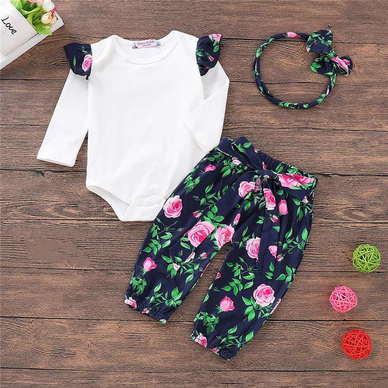 Lovely Newborn Cotton Clothes Baby Girls Outfits Fly Sleeve Bodysuits Floral Bow Belt Harem Pants Headband 3Pcs Girl Sets 0-24M |