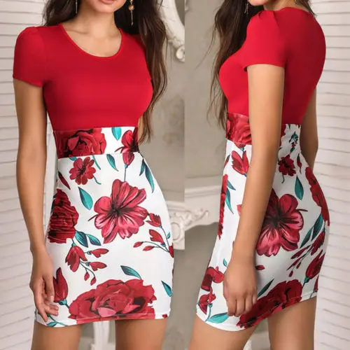 Women Patchwork Casual Evening Party Dresses Vintage Floral Print Bodycon Short Sleeve Dress Summer | Женская одежда