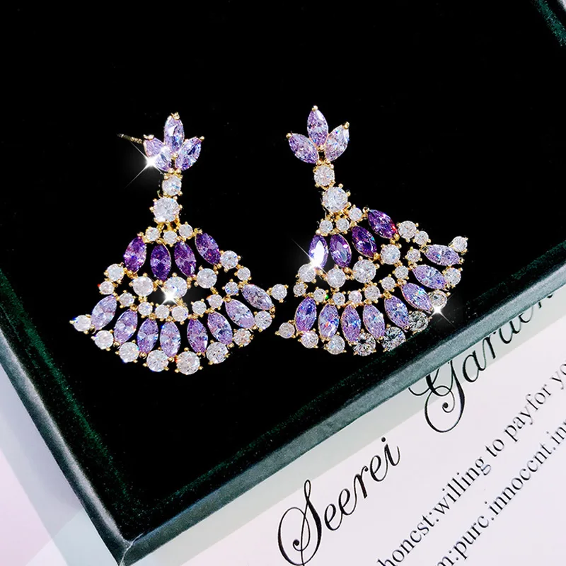 

Korean Style Fashion gradient purple CZ stone Fan Shape Drop Earrings Women Jewelry gold color Cold Tone chandelier earrings