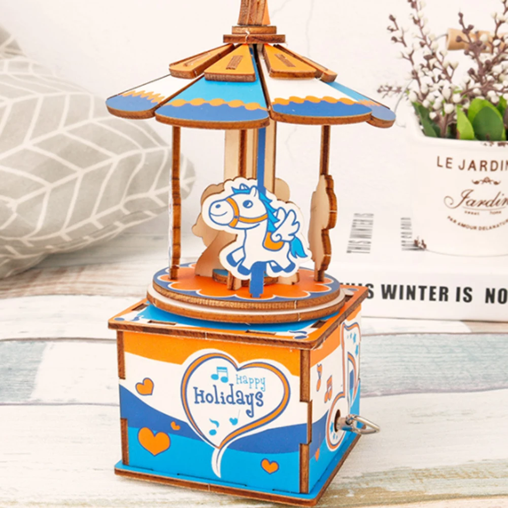 Деревянная Подарочная музыкальная шкатулка DIY игра сборка карусель детский