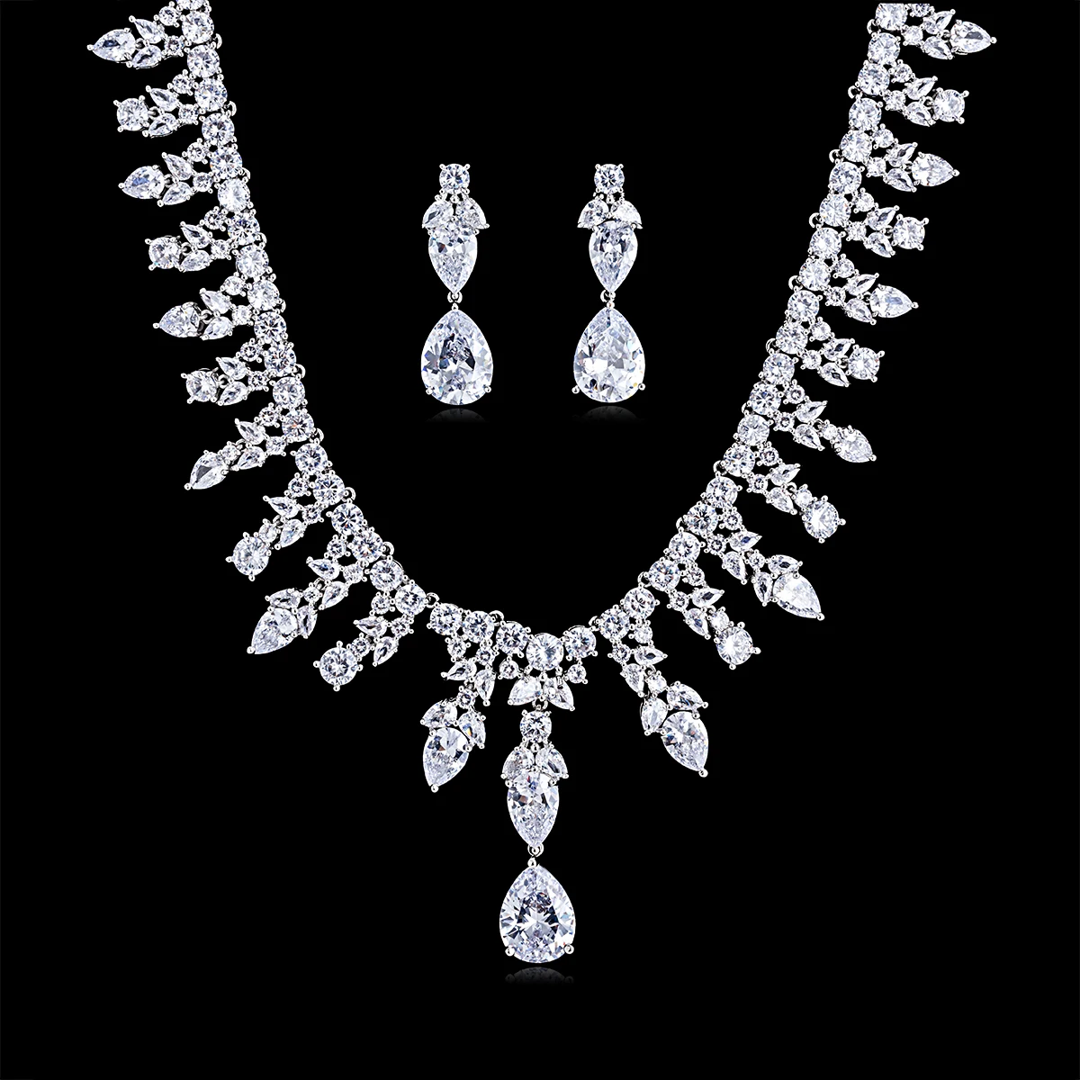 Gorgeous Crystal CZ Cubic Zirconia Bridal Wedding Flower Necklace Earring Set Jewelry Sets for Women Prom Accessories CN10160