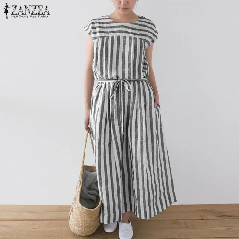 5XL ZANZEA летнее макси длинное платье для женщин Открытое без рукавов 2020 Элегантное