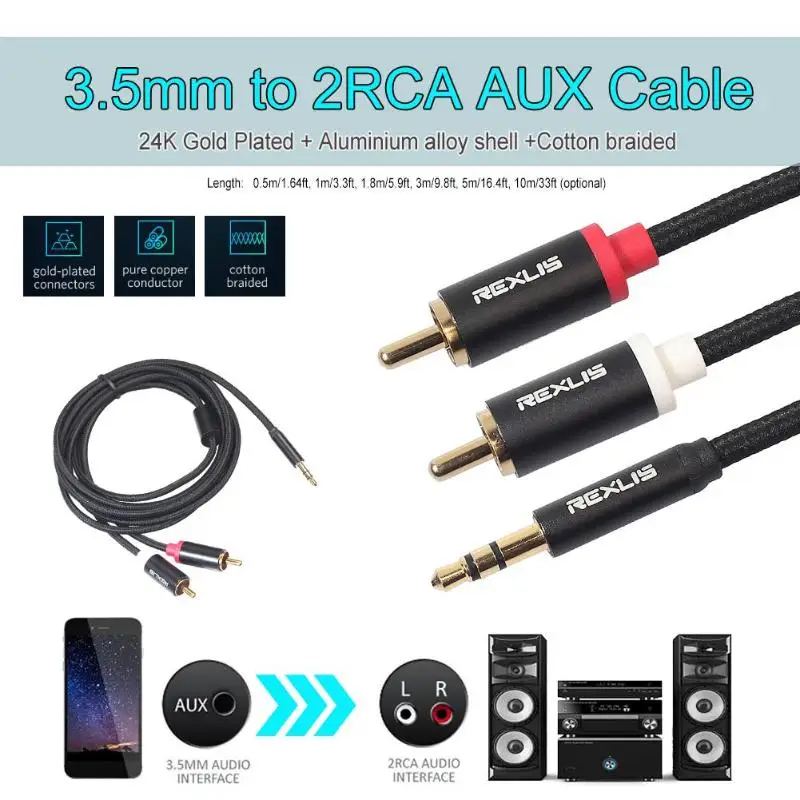 Аудиокабель REXUS VODOOL RCA штекер 3 5 мм 2 Aux кабель хлопковый плетеный провод шнур для