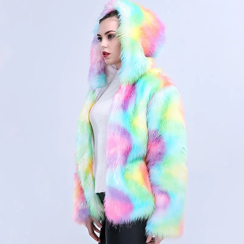 NEW 2018 Autumn Winter Woman Fashion Rainbow Color Faux FOX Fur Jacket Parka With Hood Warm Imitation Fur Coats Female Ls229