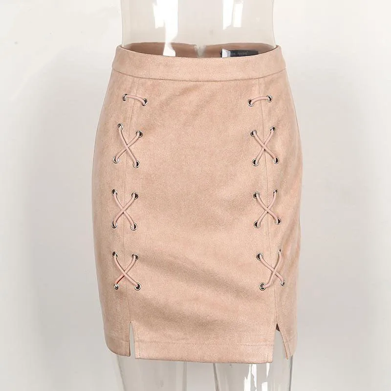 Лидер продаж кожаная замшевая юбка карандаш на шнуровке Женская винтажная с