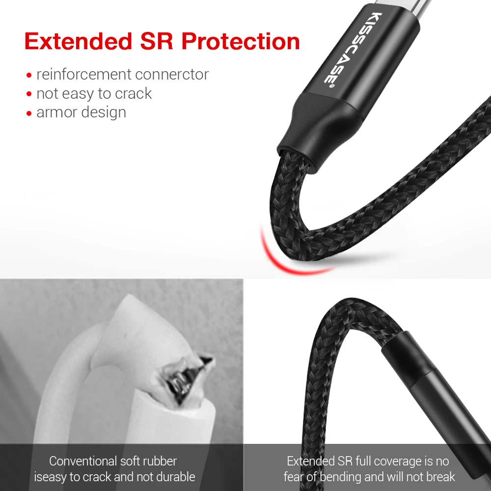 KISSCASE черный нейлоновый Плетеный телефонный кабель USB Type C для iPhone X 7 8 1 м 3A быстрой