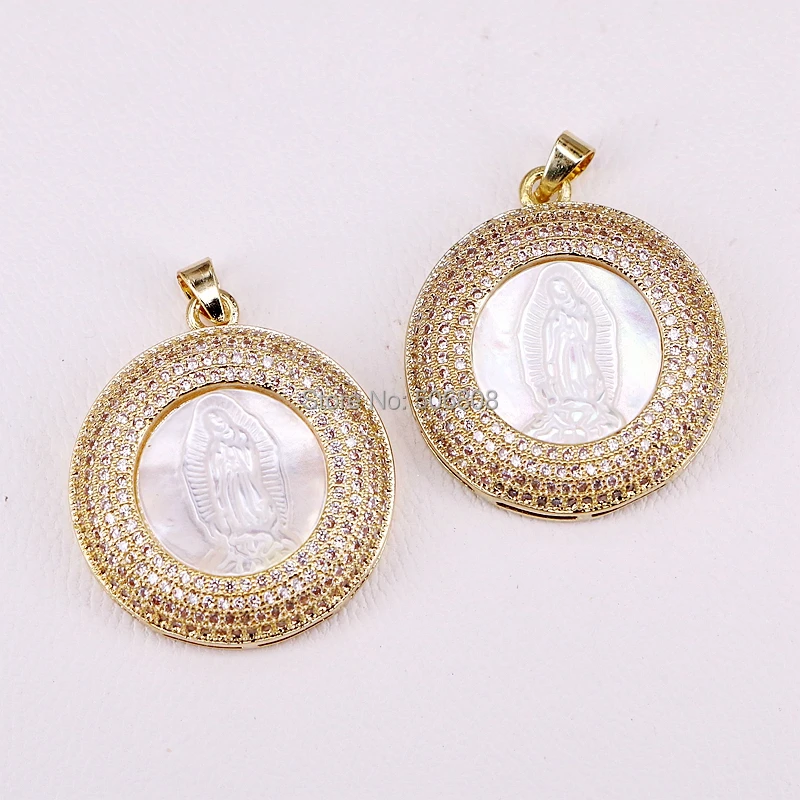 4PCS Circle White Jesus Shell Pendant Gold / Silver Color Round CZ Pave High Quality | Украшения и аксессуары
