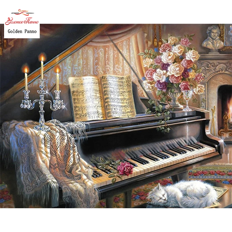 

Картина золотого цвета, алмазная квадратная Алмазная мозаика для фортепиано и котенка, алмазная вышивка, украшение для дома, подарок