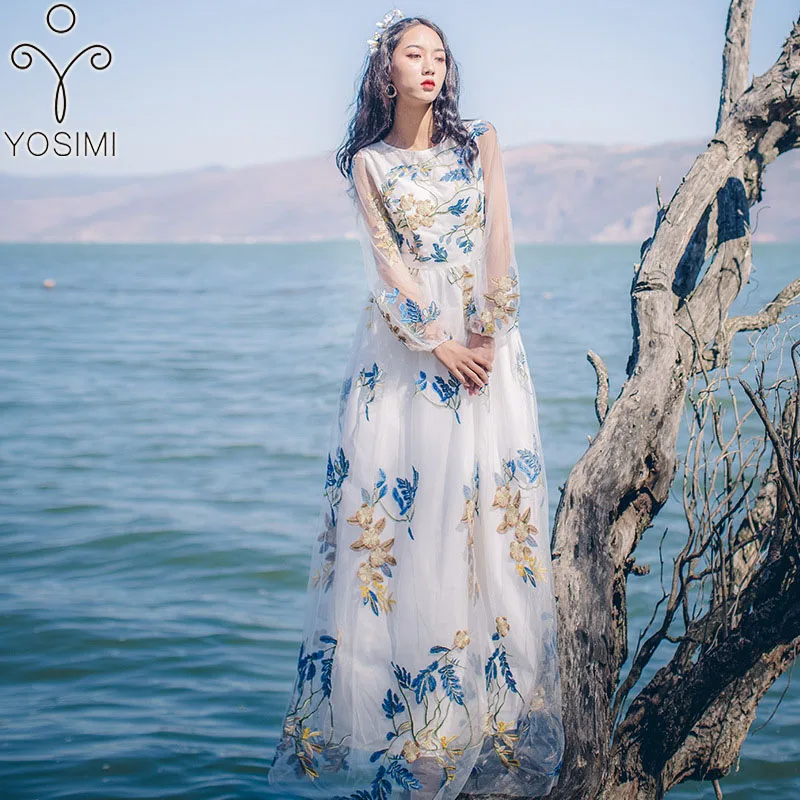 Женское платье с длинным рукавом YOSIMI длинное винтажное цветочной вышивкой