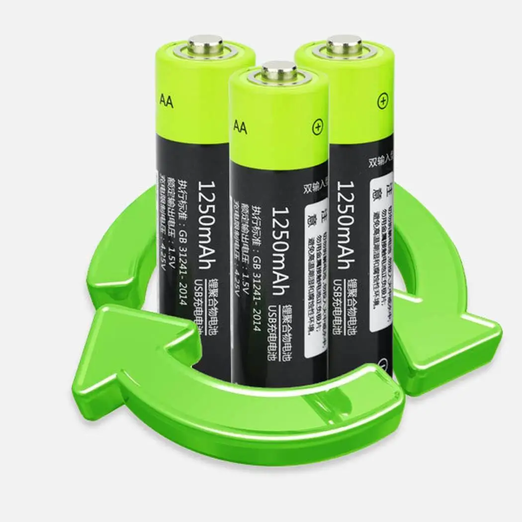 Размеры AA 1250 мАч Универсальный литиевых перезаряжаемый аккумулятор USB 5 В 1 около