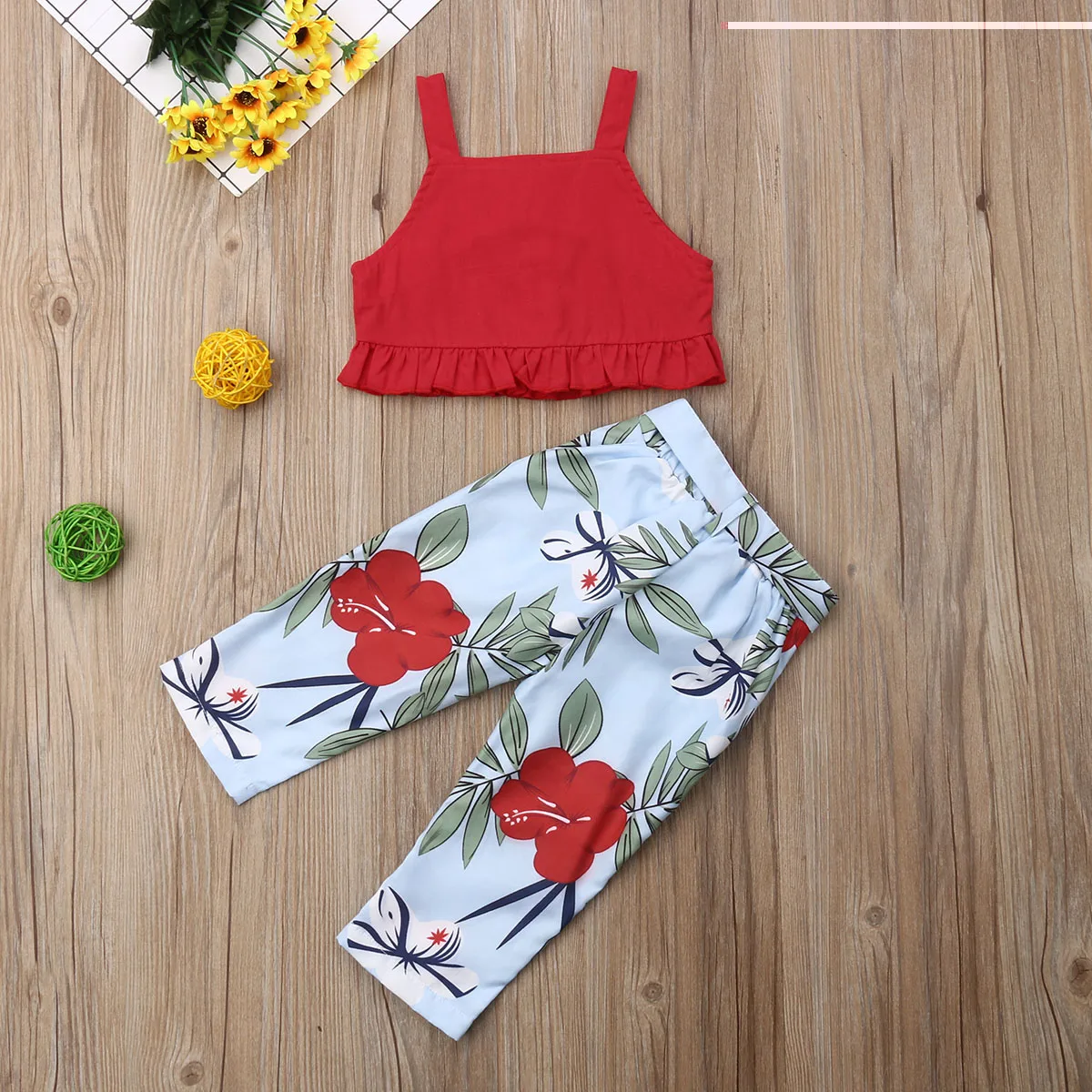 Emmababy New Fashion Toddler Baby Kids Girl Clothes Strappy Crop Tops Floral Long Pants Outfits Set 1-5T | Детская одежда и обувь