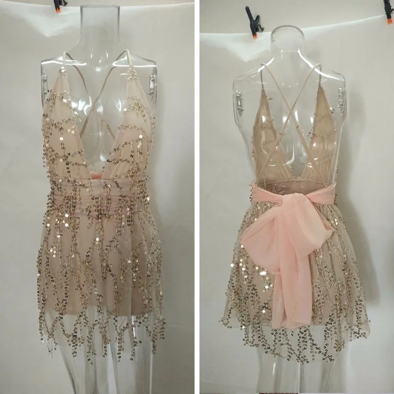 COKAGO Deep V Neck Sexy Women Summer Dress 2019 Blackless Bandge Mini Sleeveless Sequins Party Dresses Night Club Wear | Женская одежда