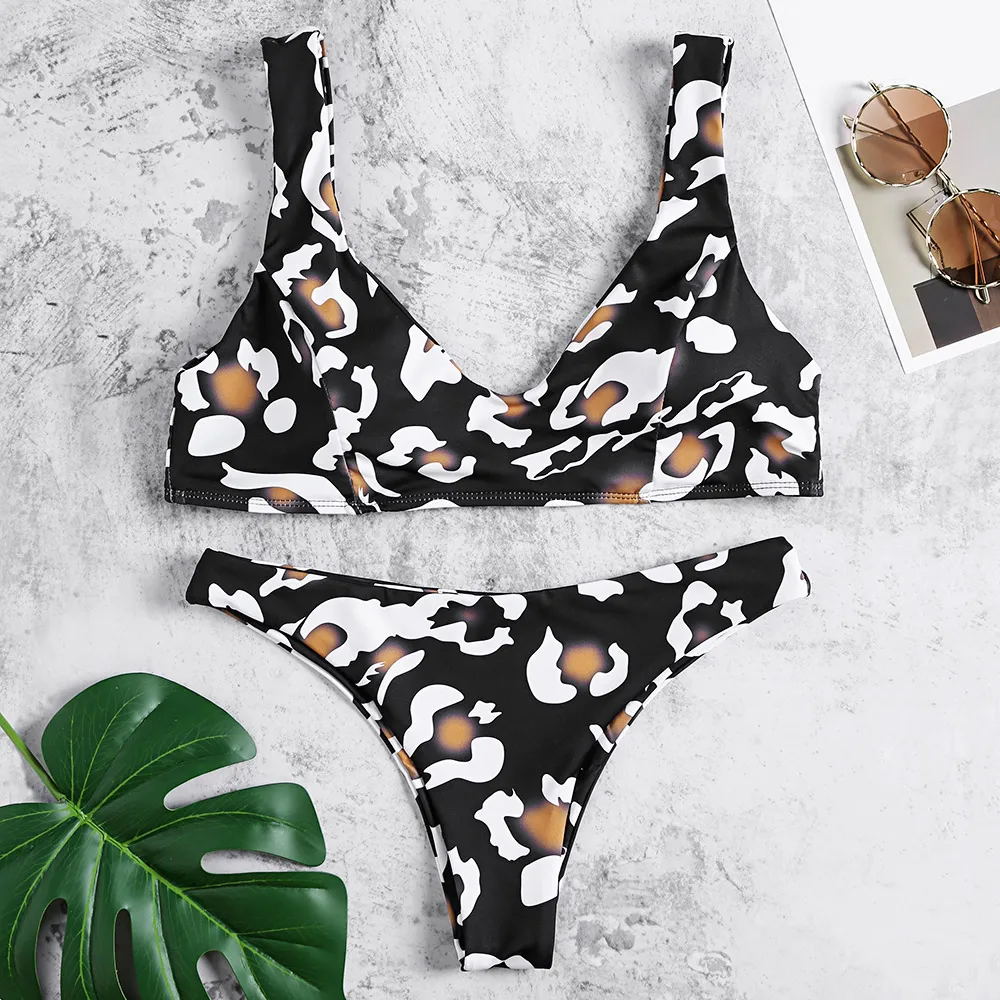 2019 Sexy V Neck Backless Women Swimsuit Bikinis Padded Leopard Print Low Waist Two-piece Female Bikini Set |