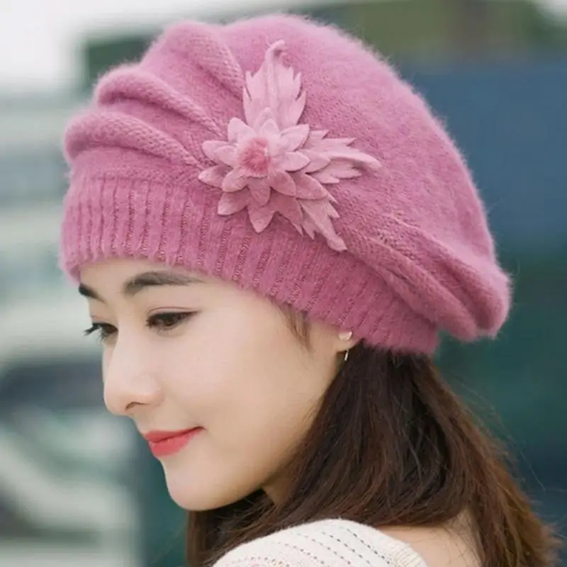 Осенне зимняя однотонная замечательная модная женская вязаная крючком шапочка с