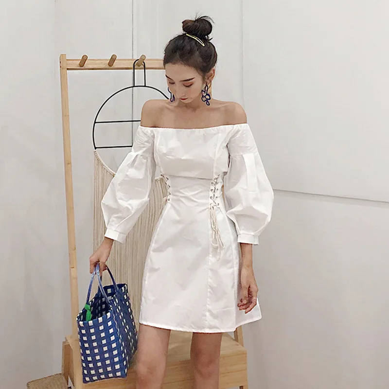 Hubble-bubble Sleeve Dress Woman Autumn Clothing New Pattern Korean Bandage White Short Dresses | Женская одежда