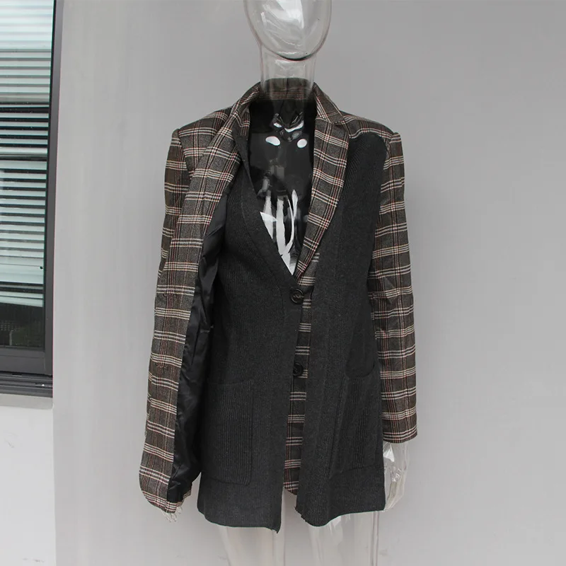 Single Breasted Plaid Jacket Ladies Blazer Female Long Sleeve Knitted Patchwork Coat OL Women Clothes 2019 Spring Outwear Okq110 | Женская