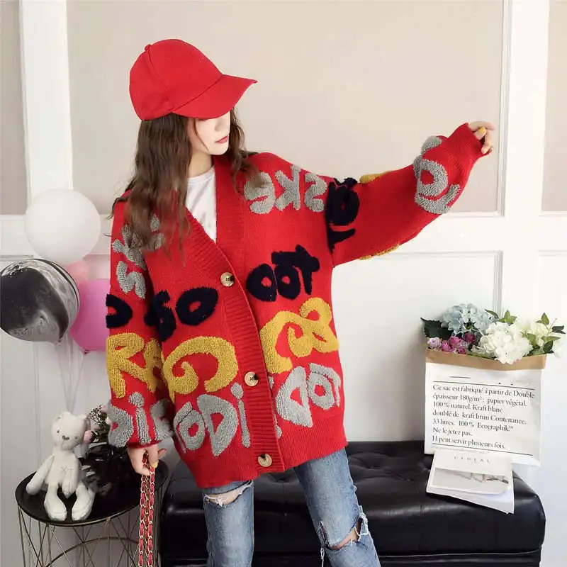 New 2019 Sweater Female Cardigan Knitted Korean Winter Clothes Loose Women's Tops Thick Plus Size Harajuku Letter Coat |
