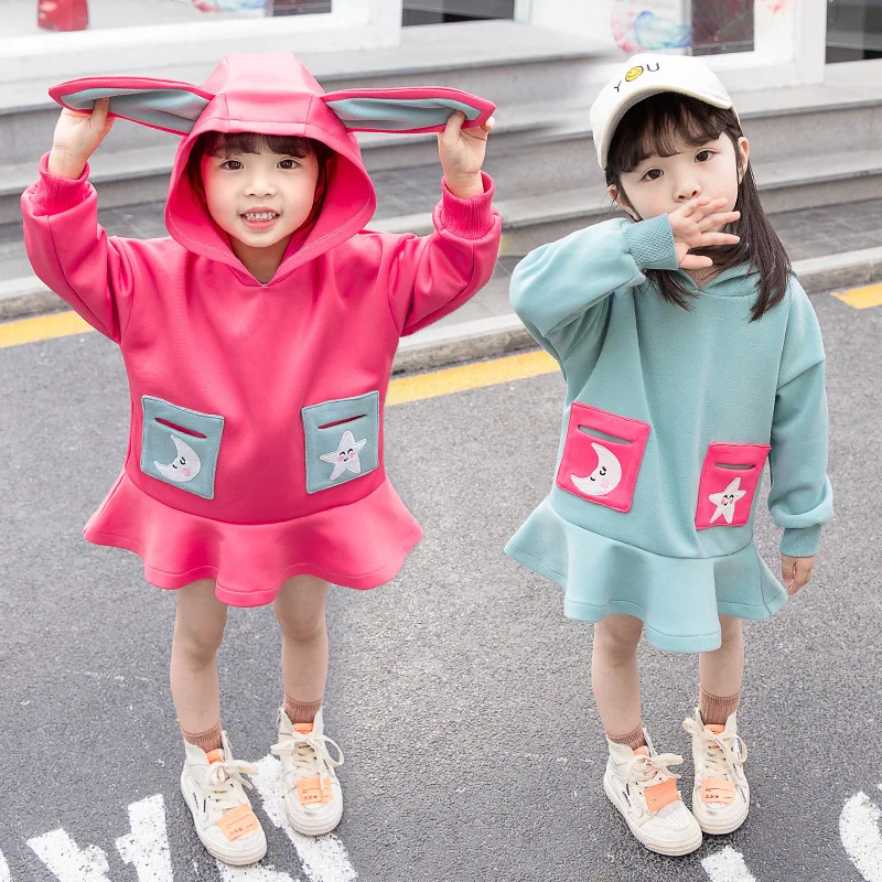 2 - 8 yrs little girls casual school style hooded dress 2019 new winter spring clothes thick warm baby long sleeve dresses | Детская