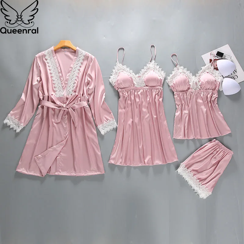 Queenral 4 шт. пижамный комплект атласные пижамы женские с нагрудники Pijama длинным