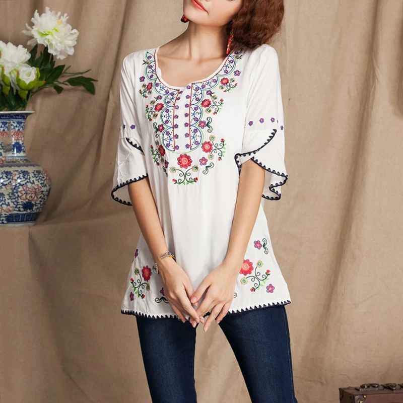Для женщин Цветочный принт Casua Embroideredl Винтаж свободные блузки рубашки Этническая