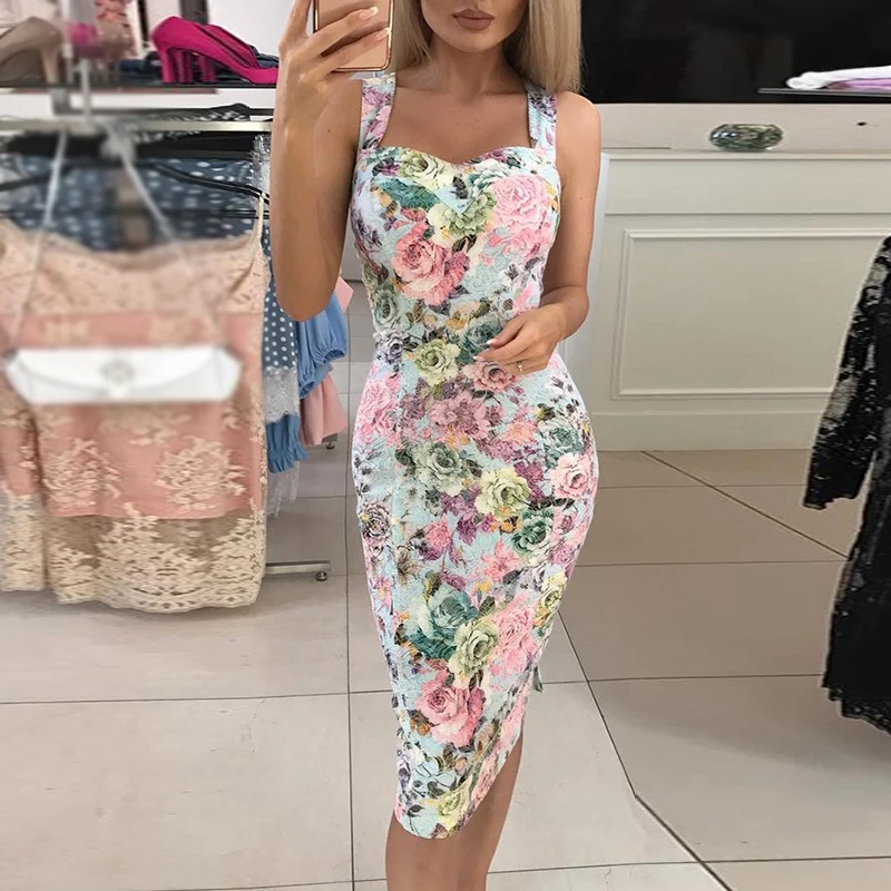 Женские Соблазнительные обтягивающие Midi Платья с цветочным рисунком платье