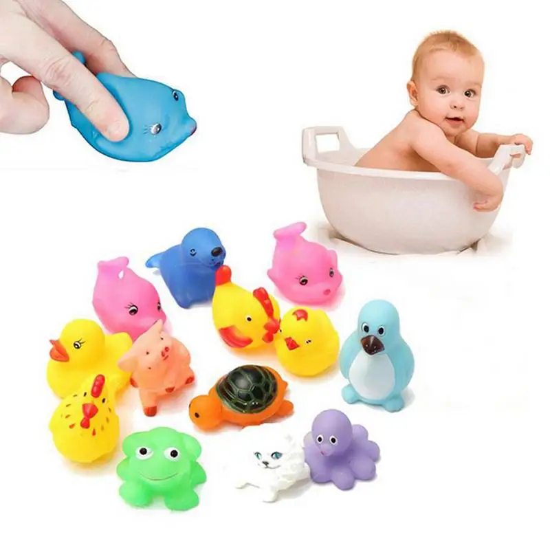 

13 шт./лот Детские Игрушки для ванны, животные, резиновая утка, Детская водная игрушка для ванной комнаты, плавающие сжимаемые игрушки для куп...