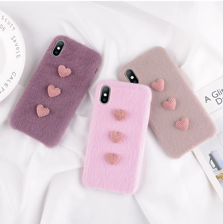 Moskado Plush 3D Love Heart Case For iPhone 6 6S 7 8 Plus X XR XS Max Winter Warm Fur Furry Soft PU Phone |