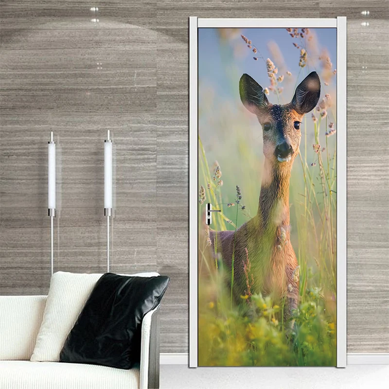 3d Vivid Effect Forest Deer Door Stickers Wallpaper Animal Wall Decals Poster Mural Living Room Bedroom Home Decor | Дом и сад