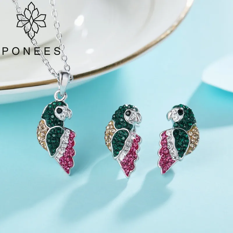 PONEES New Bird Pendants and Earrings Set Exquisite Colorful Parrot Jewelry Fashion Necklaces For Women Gift | Украшения и