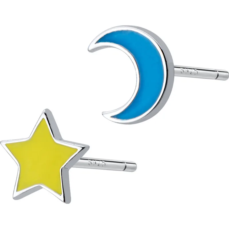 

100% 925 Sterling Silver Women Jewelry Fashion Cute Tiny Moon Star Stud Earrings For Daughter Girls