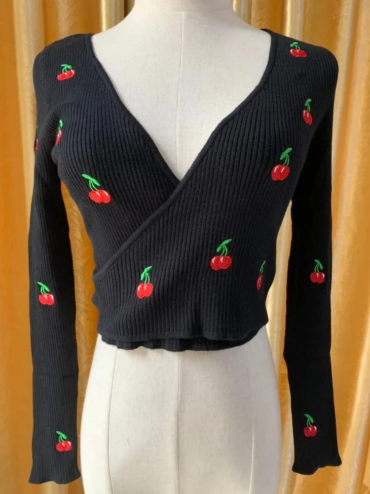 Vintage Cherry Embroidery Short Knitted Sweater Sexy Crossing V Neck Long Sleeve Women Pullovers Autumn Winter | Женская одежда