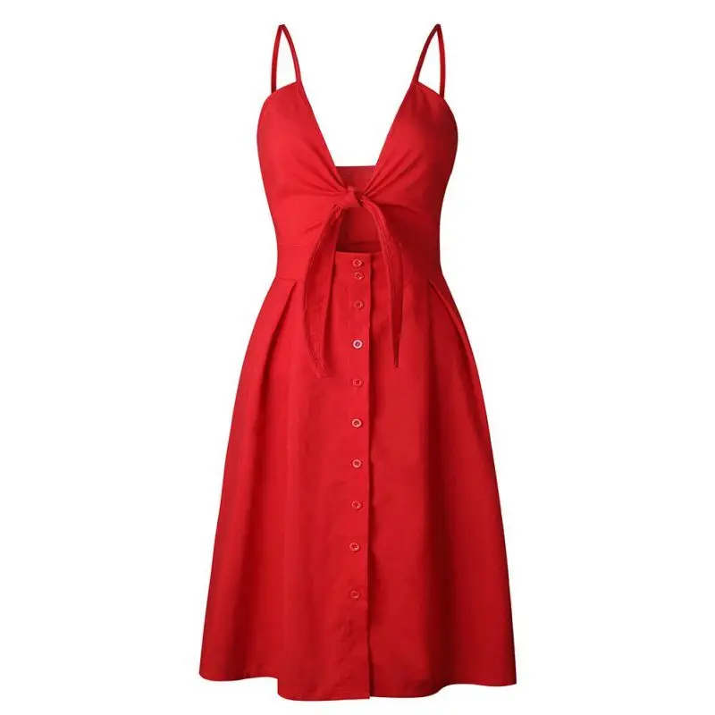 Летнее сексуальное модное платье на бретельках с бантом милое летнее v-образным