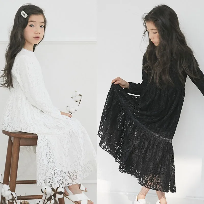 2020 Lace Teenage Dress Kids Girl Long Sleeves White Black Baby Girls Wedding Children Clothes Spring Autumn Flower | Детская одежда и