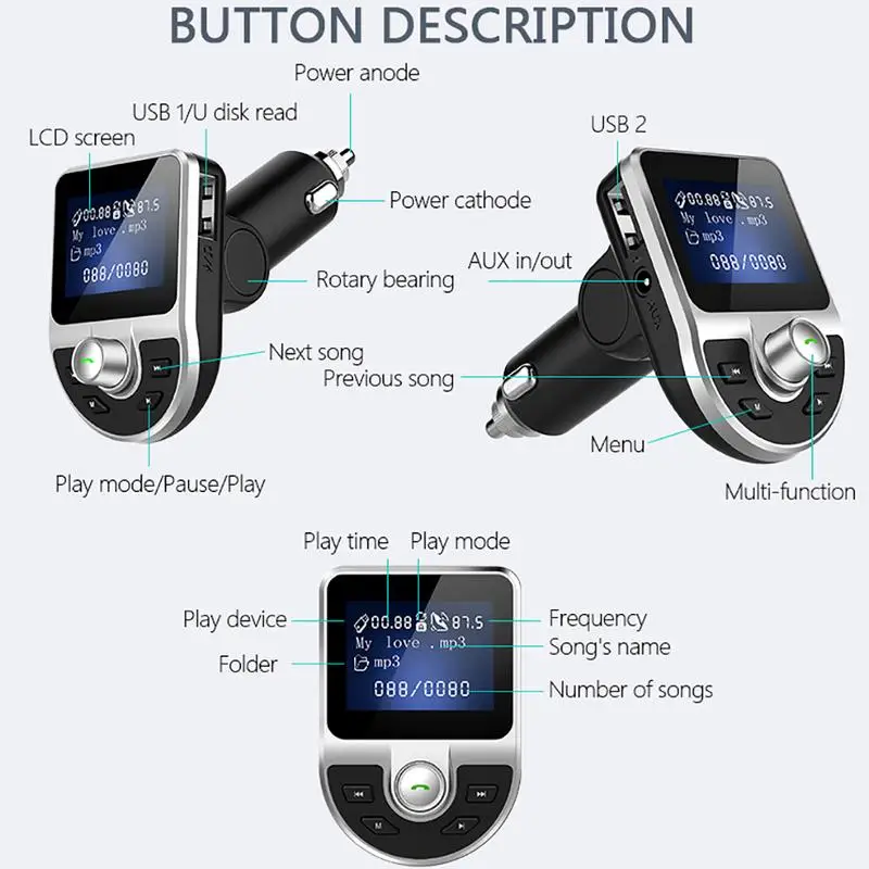 BT39 Smart Car Mp3 Player Bluetooth 4.0 Hands-Free Cigarette Lighter Power Support Echo Voice Control Dual USB Plug | Автомобили и