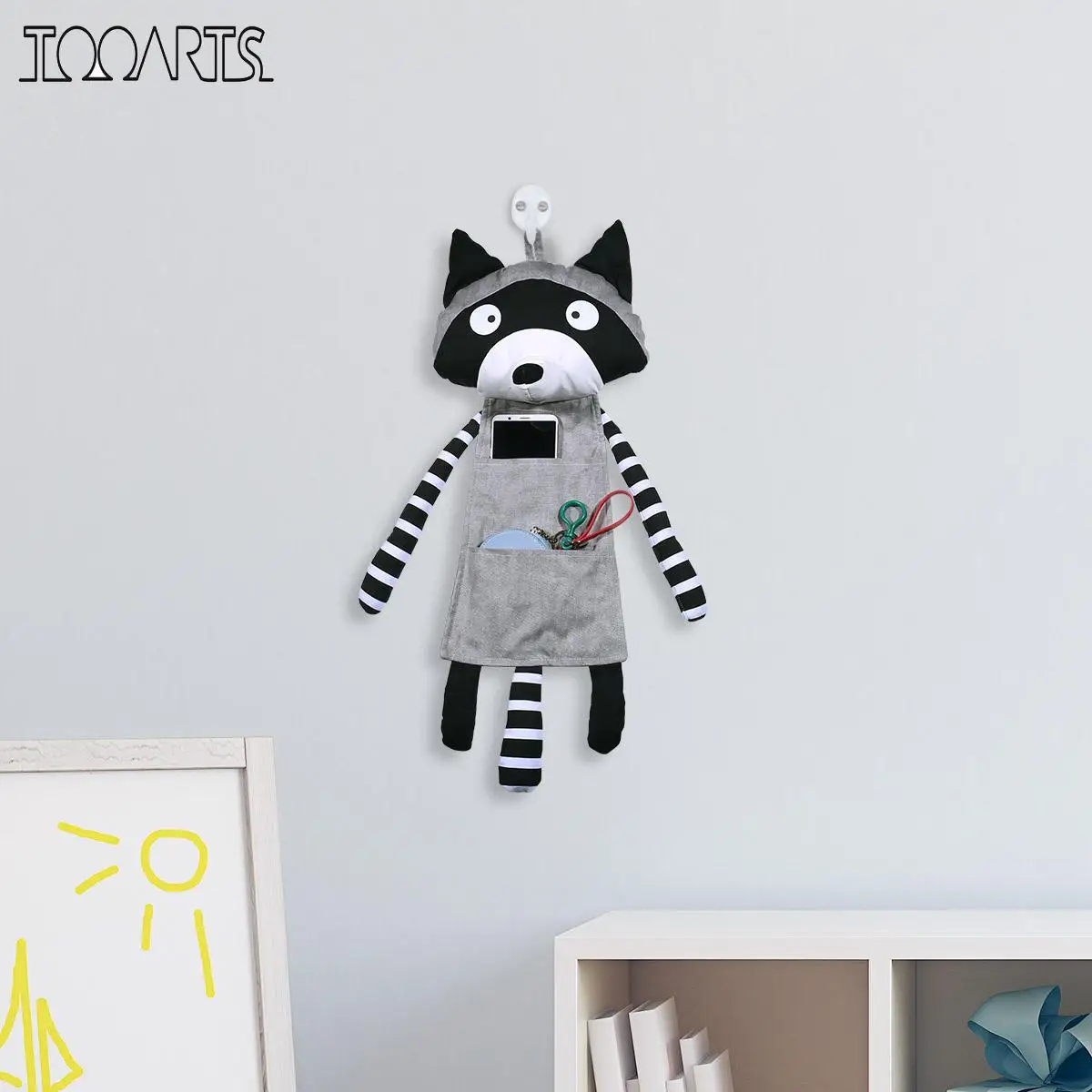 

Raccoon Hanging Storage Bag Cotton Fabric Wall Door Hanging Storage Bag 2 Pockets over the Door Organizer for Room Bathroom