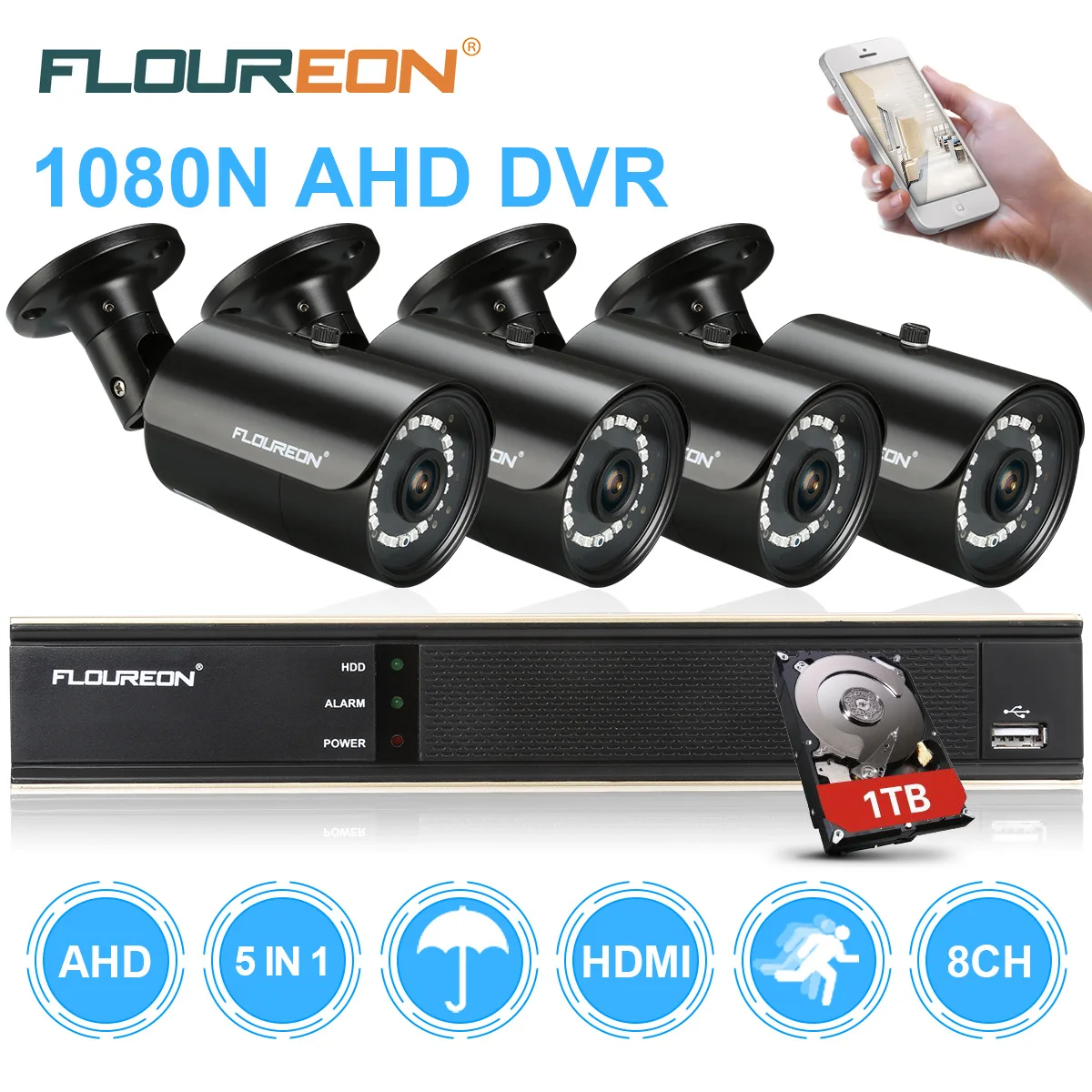 Floureon 8CH 1080 P AHD DVR + 4 шт. камера наружная 3000TVL 1 ТБ HDD CCTV ip система безопасности сетевое