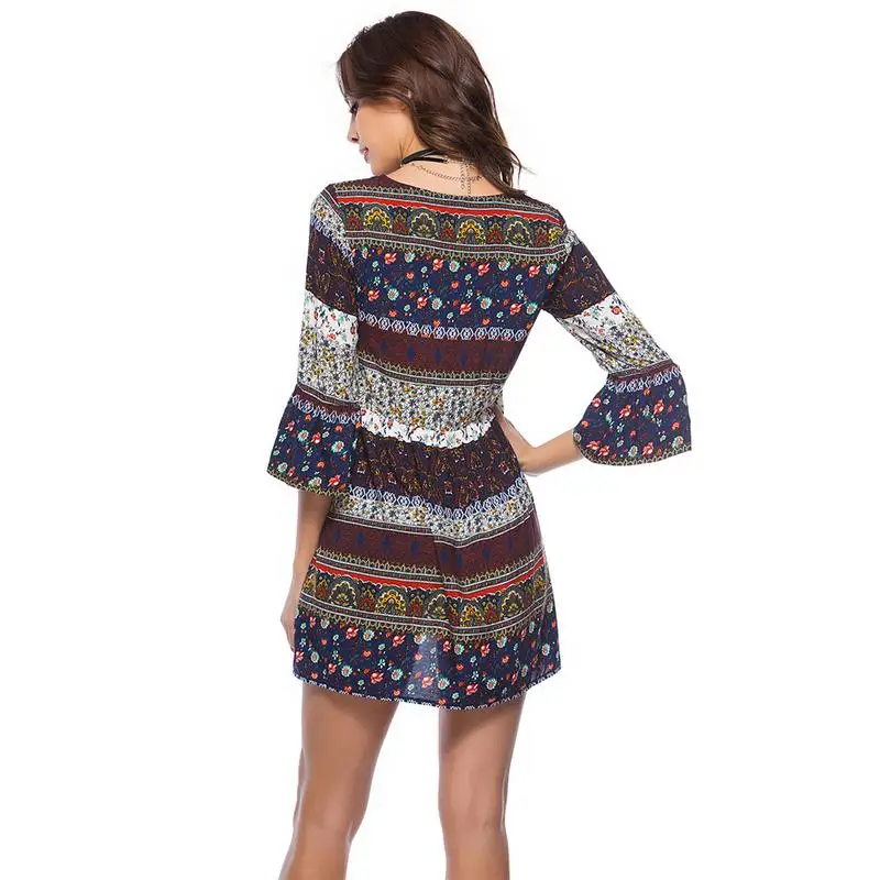 Boho Летнее платье с коротким рукавом цветочный принт v образный вырез на шнуровке