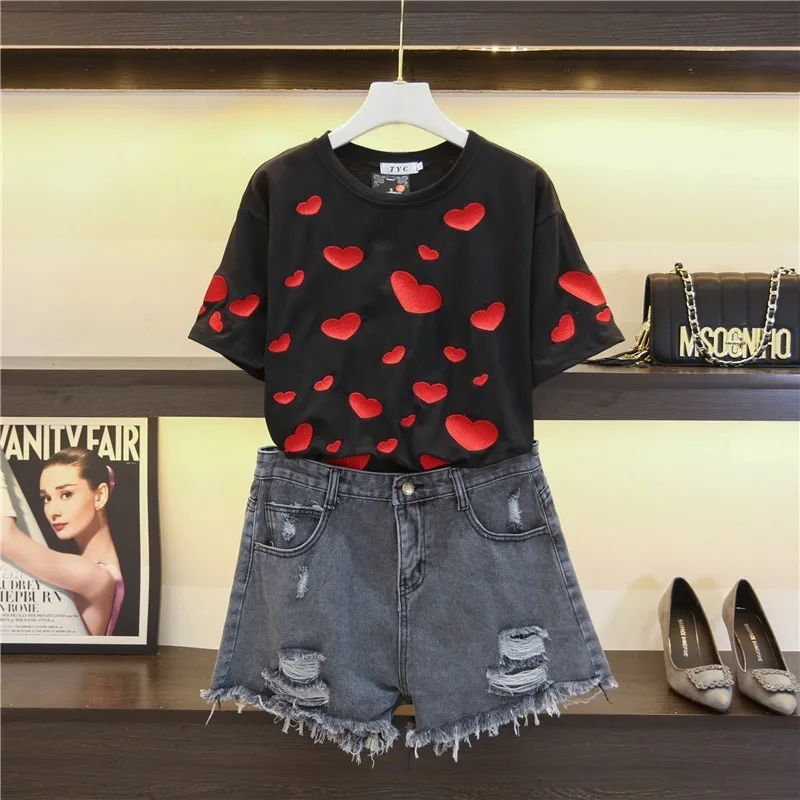 2019 летние модные женские костюмы вышивка сердце короткий рукав футболки топ +