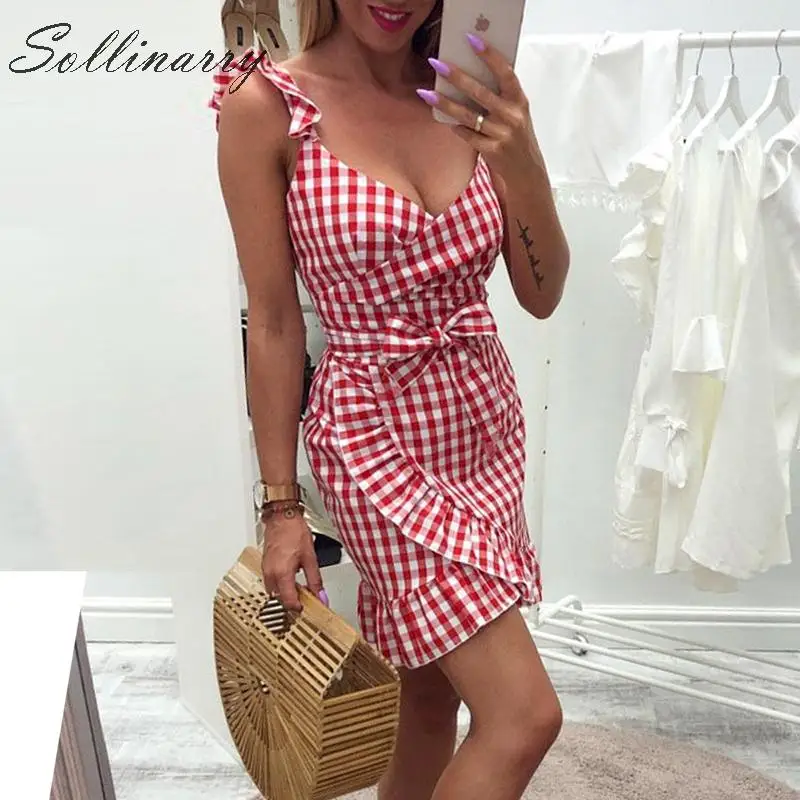 Sollinarr клетчатое короткое платье с поясом женское стильное летнее высокой талией